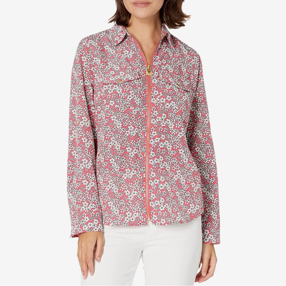 MICHAEL MICHAEL KORS Women's Roll Tab Zip Front Floral Top S